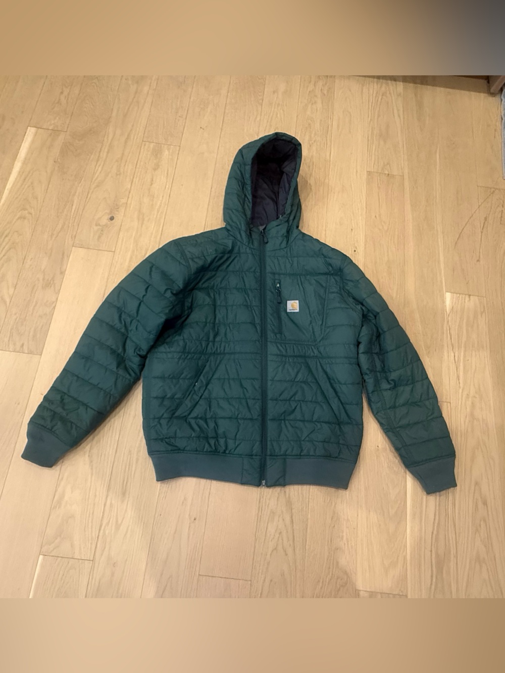 Carhartt Men's Dark Green Quilted Hooded Jacket - Size Medium